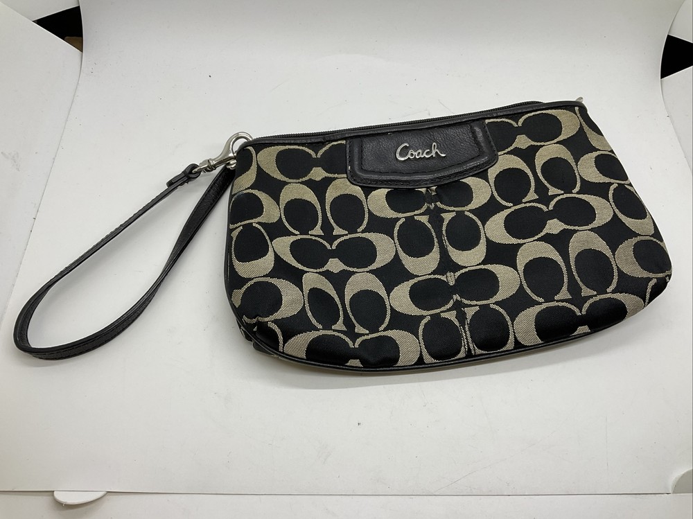 Coach Signature Wristlet Black/Gray With Leather Strap Zipper Closure