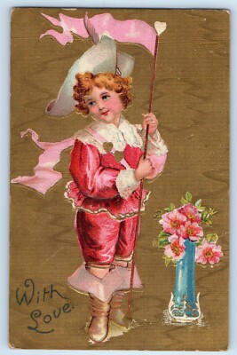 c1910's Valentine With Love Boy With Flag Flowers In Vase Antique
