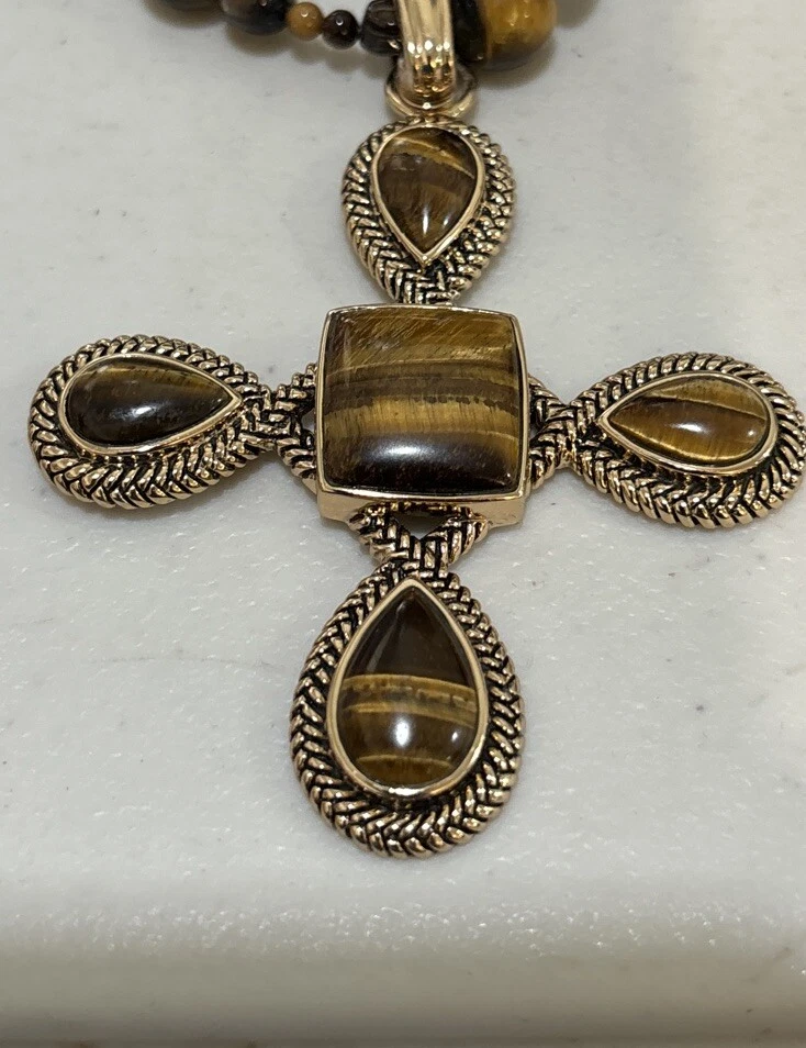 Barse Tigers Eye Gemstone Triple Strand Cross Chunky Statement Necklace - Image 3 of 4