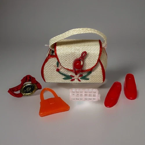 VTG 60s PREMIER BARBIE CLONE 956 FLORAL STRAW PURSE CISSETTE TAMMY BAG + Access