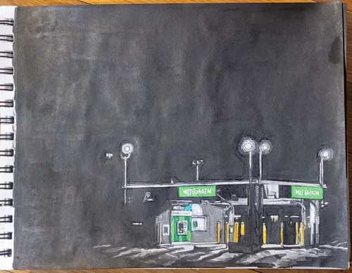 Original ink illustration Late Night ATM landscape drawing - Picture 2 of 2