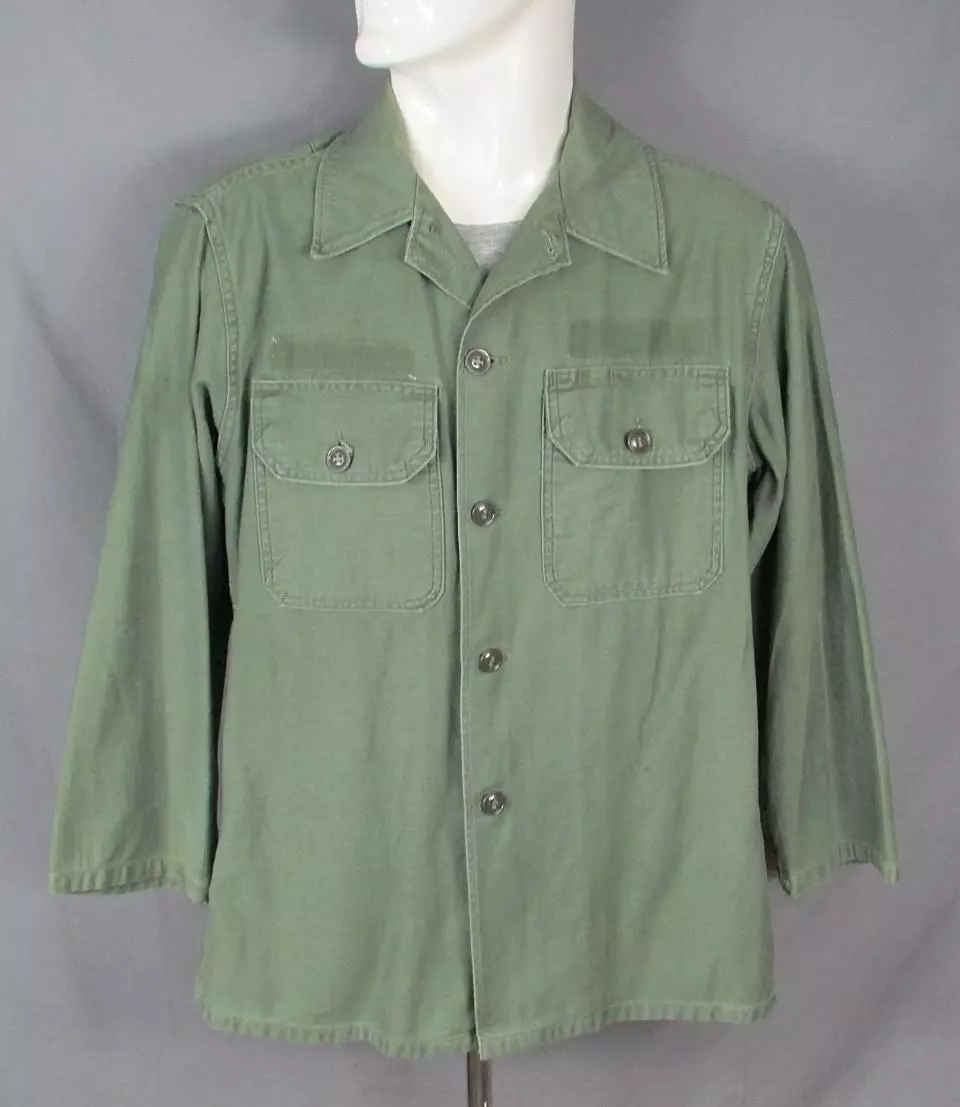 Vintage 1950s US Army Military Utility Field Shirt OD Cotton Sateen Korean  War