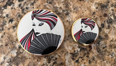 Vintage Stratton Lady With Fan Art Deco Compact Mirror & Pill Box Case Gold Set