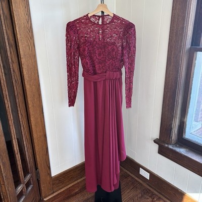 cranberry lace dress Vintage Miss Elliette USA Women's Sz 8 Cranberry Lace Overlay Maxi Dress  Belted