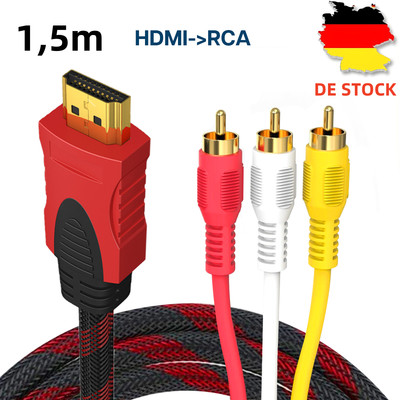 HDMI zu 3RCA Audio Video AV Kabel Chinch Stecker Konverter Adapter Male 1,5 M