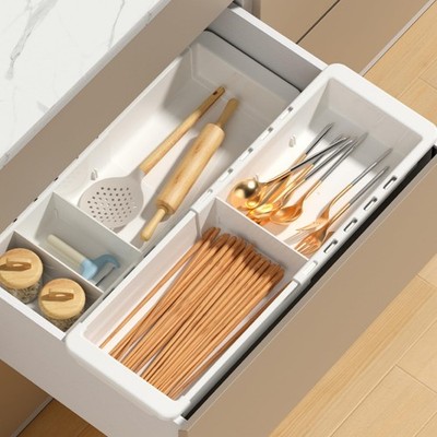 Sliding Drawer Tray with Adjustable Dividers, Expandable Kitchen Storage Orga...