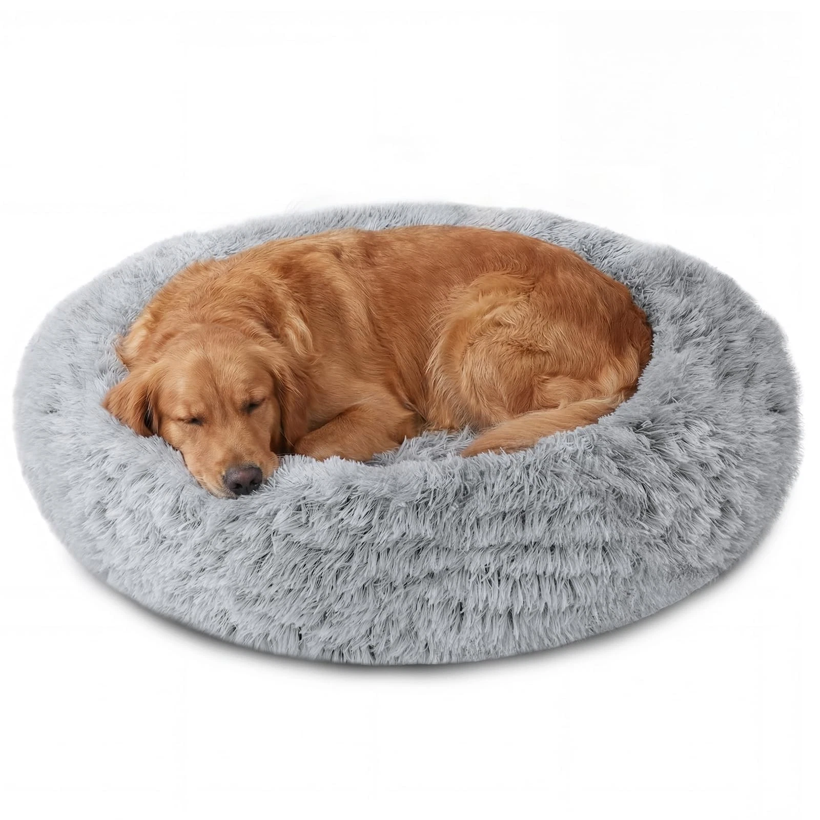 Large Donut Dog Bed 36in - Washable Anti-Slip Fluffy Faux Fur, Calming Pet Bed f