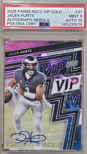 JALEN HURTS VIP GOLD NEBULA PRIZM AUTOGRAPH CARD #2/10 - 2025 PANINI - PSA 9/10