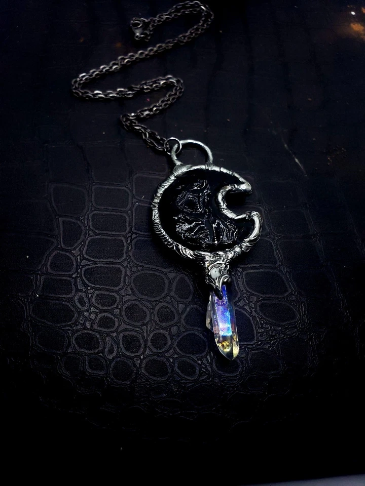 Obsidiana Cristal Luna y Ángel Aura Cuarzo Cristal Declaración Collar Foto 2 de 4