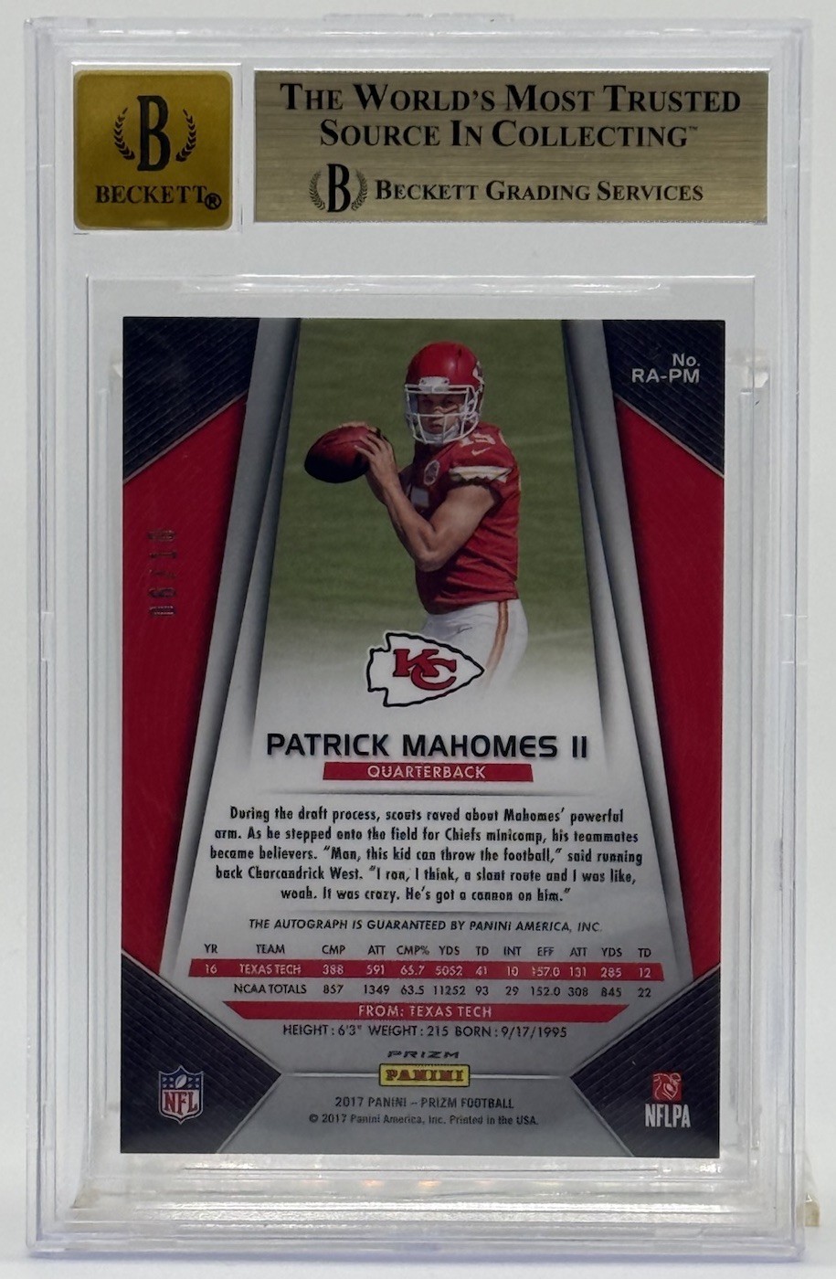 Patrick Mahomes - 2017 Prizm Rookie True Gold Auto /10 BGS PRISTINE 10/10 Pop 1 view 2