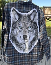 Blue Eyed Wolf Upcycled Flannel Blue/Gray Unisex Size XL Oversized Shacket