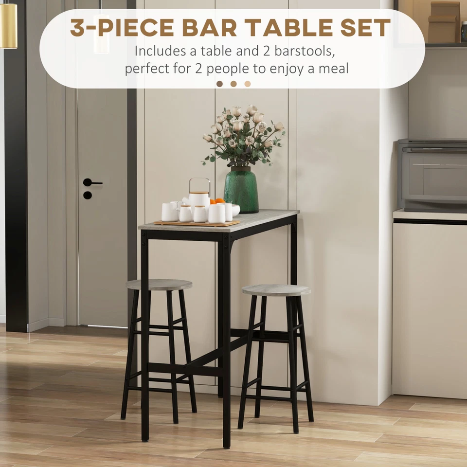 3 Piece Bar Set Industrial Style Kitchen Table & Stools Compact Grey Wood-Effect - Image 4 of 4
