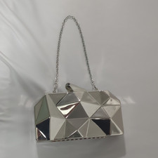 Silver Geometric Metal Clutch Evening Bag w/ Detachable Chain Shoulder Strap