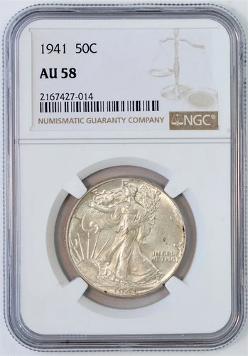 1941 50C US Walking Liberty Silver Half Dollar Coin (NGC AU 58 AU58) 
