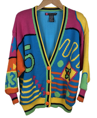 VTG 80's  I.B. Diffusion Sweater Oversize Shoulder Pads Lined Colorful Funky
