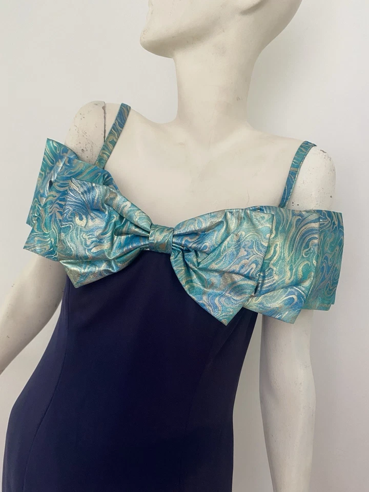 Vestido Vintage Años 80 Jessica Howard Hombro Descubierto Moveble Azul Marino Lazo Foto 2 de 4
