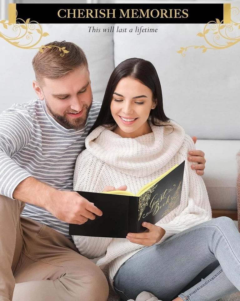 Black Wedding Guest Book with Pens – 9x7" Gold Foil Hardcover Sign-in Album - Image 2 of 4