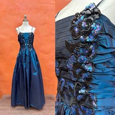 Vintage 1980s Prom Dress Maxi Beaded Sequined Taffeta Evening Formal Party