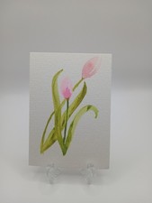 Aceo Watercolor Tulips Flowers Original Painting ATC Art Card Signed By Artist
