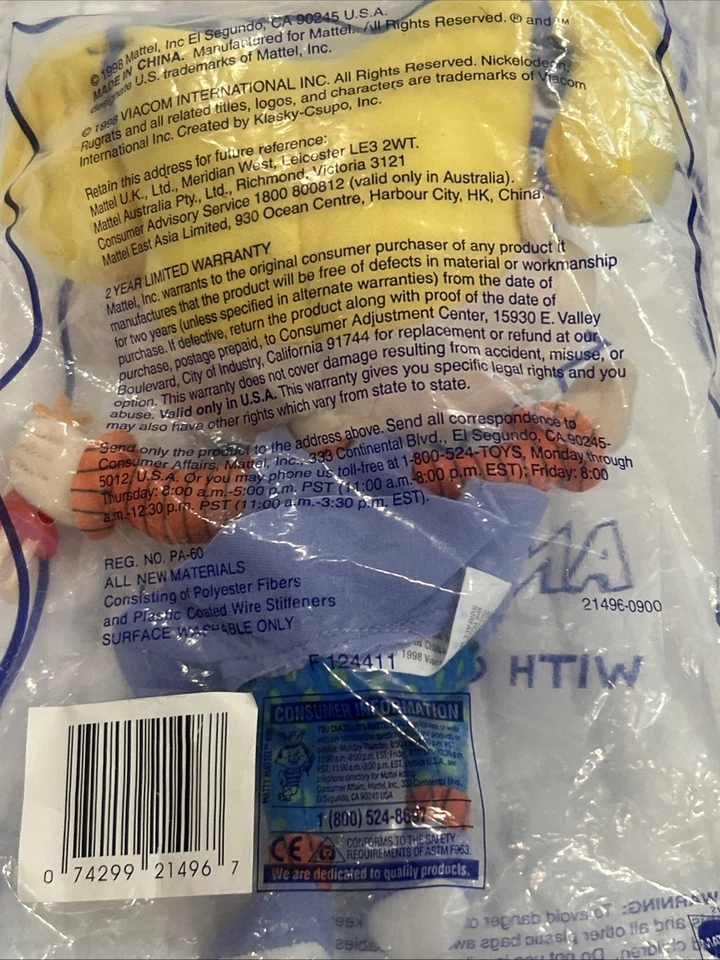 Muñeca de peluche Mattel Nickelodeon Rugrats Angelica Pickles 1998 sosteniendo Cynthia nueva Foto 4 de 4