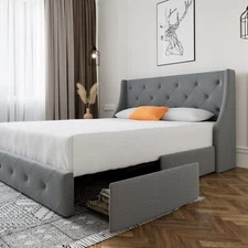 Queen Platform Bed Frame with 4 Storage Drawer & Wingback Headboard, Light Grey