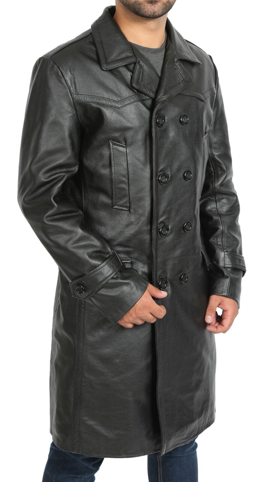 Mens Black Double Breasted TRENCH Leather Pea Coat 3/4 Long Classic ...