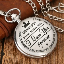 To My Grandson Silve Case Pocket Watch for Men Boy with Fob Chain Xmas Gifts