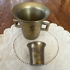 Antique Apothecary Pharmacy Mortar (2) Set No Pestles, Brass, 1 Inscribed Merck