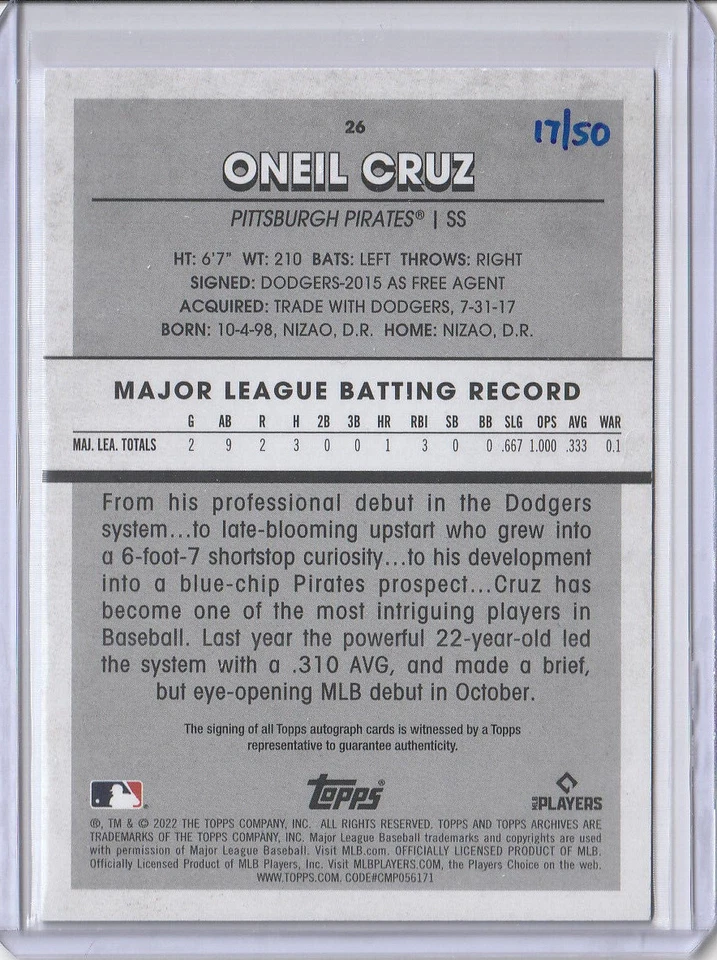 2022 Topps Archives Snapshots Oneil Cruz RC Autograph Blue Pirates 17/50 #26 - Image 2 of 2