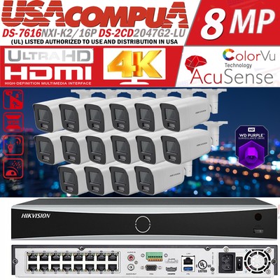 16CH NVR Hikvision 8MP IP Camera System 4MP ColoRVu Face Detection Security Lot