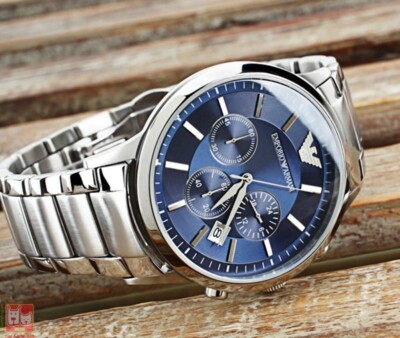 Emporio Armani Herren Armbanduhr Ar2448 Renato Silber Blau Chrono Neu Ebay