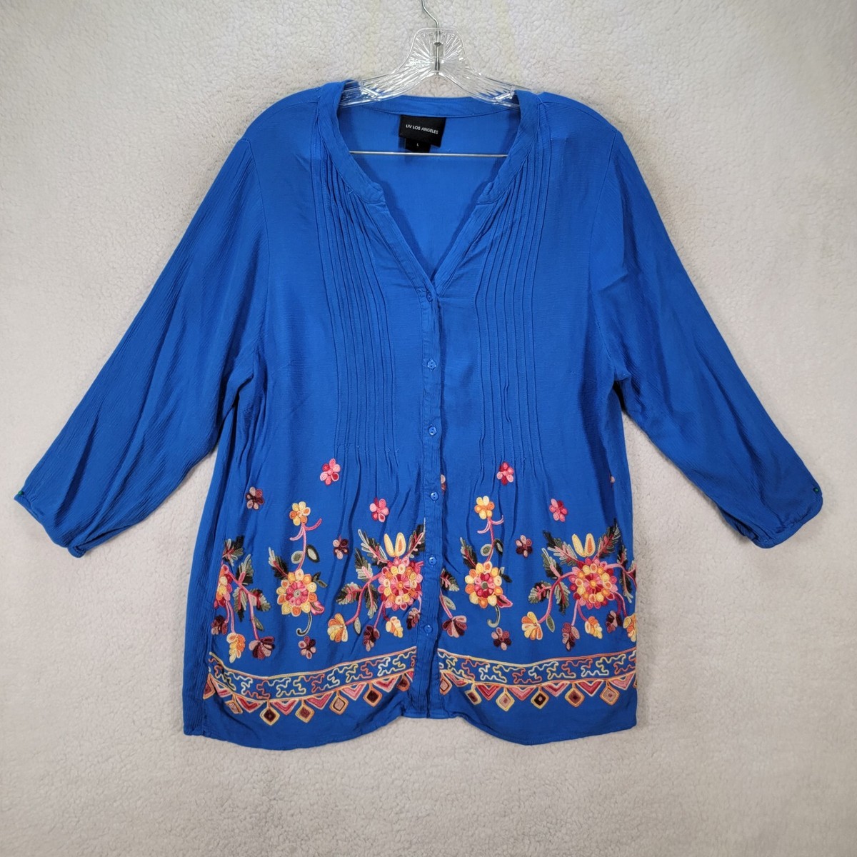 Liv Los Angeles Women Top Size L Blue Floral Embroidered