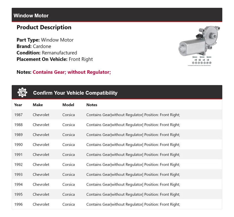 适用于 1987 - 1996 年雪佛兰科西嘉车窗电机右前 Cardone 1988 1989 1990 — 第 2/4 张图片