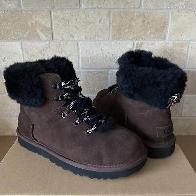 UGG BURNT CEDAR BROWN CLASSIC MINI ALPINE LACE SUEDE FUR BOOTS SIZE 7 WOMEN