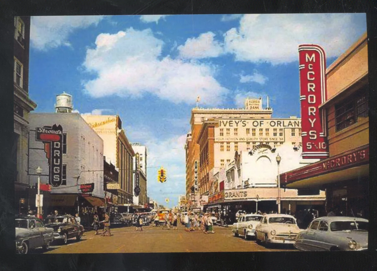 ORLANDO FLORIDA DOWNTOWN STREET SCENE OLD CARS STORES POSTCARD COPY