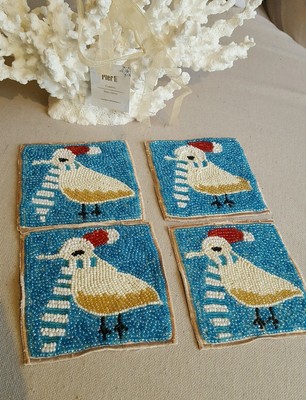 NEW PIER 1 COASTAL CHRISTMAS BEADED SANDPIPER COASTERS. SET OF 4