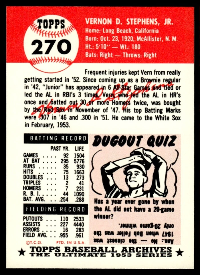 1991 Topps Archives 1953 Vern Stephens Chicago White Sox #270 - Image 2 of 2