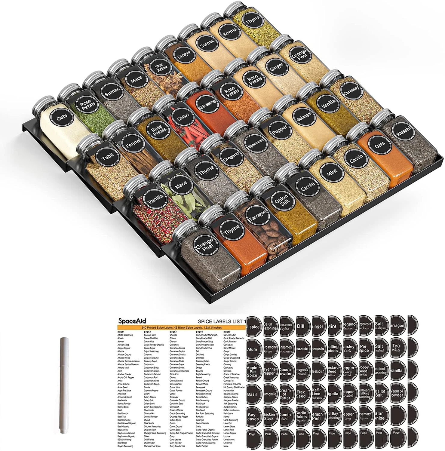 Spice Drawer Organizer with 36 Jars & 386 Labels - 4 Tier Rack Insert