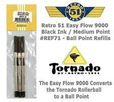 Retro 51 #REF71 Easy Flow 9000 / 3 Pack Black Ink Tornado Ballpoint Refills 