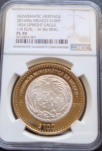 2014 Mo Mexico $100 Pesos Silver 1834 Upright eagle 1/4 Real-Al-Ae Ring NGC PL70