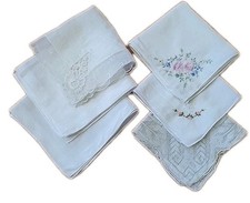 Vintage Ladies Handkerchiefs Lot of six. White. Embroidery. Lace. Solid