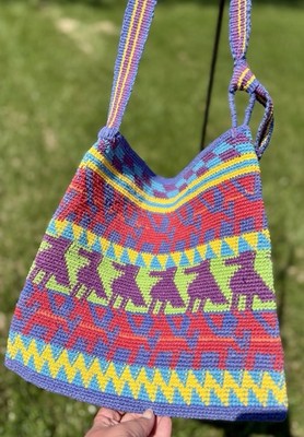 VTG Guatemalan Artisan Crochet Morrale Bag Boho Geometric Crossbody Purse