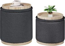 Storage Ottoman round Boucle Ottomans with Tray, Set of 2 Teddy Foot Rest Ottoma