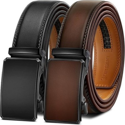 Men Belt 2 Pack,Leather Ratchet Belt Easy Click Slide For Men 1 3/8'',Cut for Fit