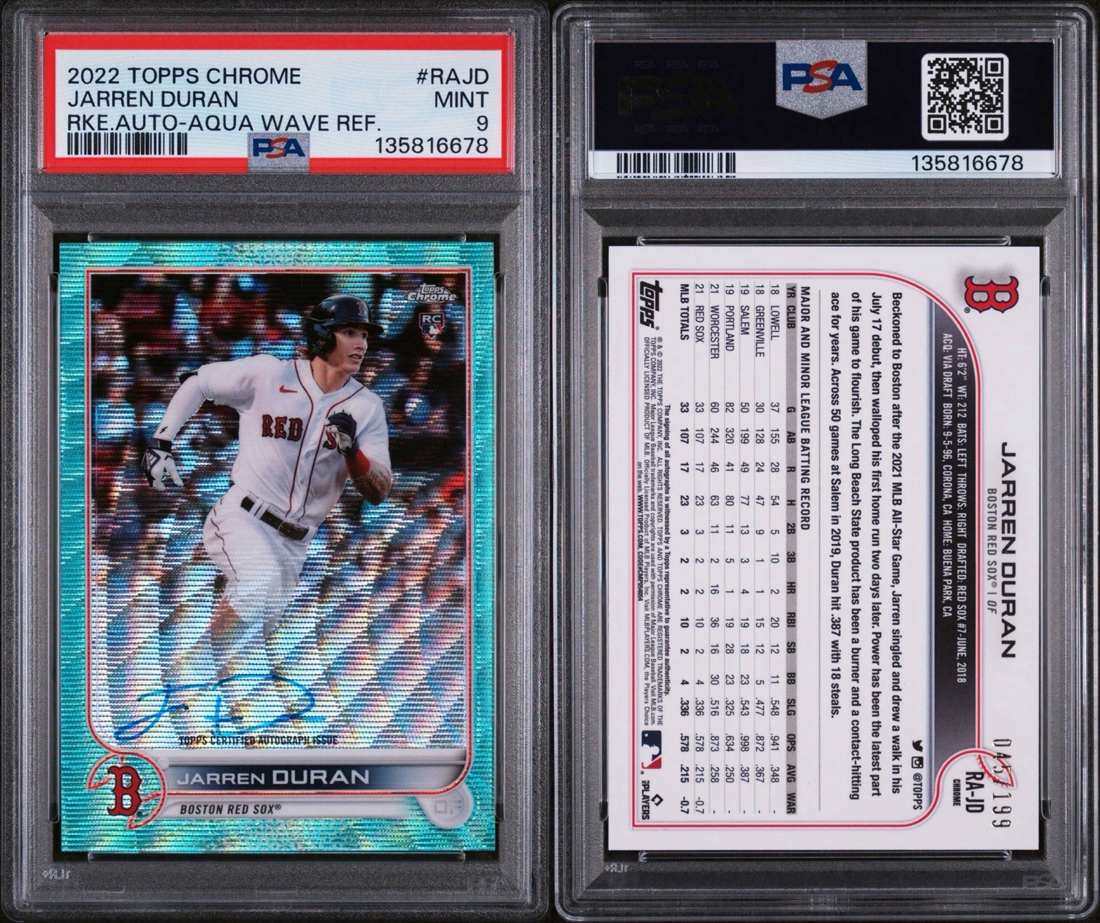 2022 TOPPS CHROME ROOKIE AUTO AQUA WAVE REFRACTOR JARREN DURAN /199 PSA 9