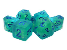 Old School 7 Piece DnD RPG Dice Set Frosted Firefly Cyan w/ Blue