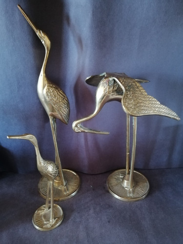 Vintage Messing Kranich Reiher Reiher Vogel Figuren Familie Set drei PATINA - Bild 9 von 9