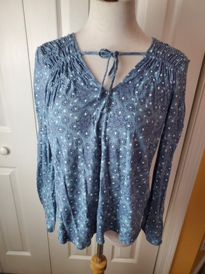 Lucky Brand Women's Size Large Peasant Boho Blue Top Blouse