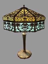 27" Victorian Table Lamp w Multiple Molded Colored  Slag Glass Lamp Shade Panels