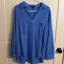 Nine West Jeans Tunic Blouse L Blue Linen Roll Tab Sleeve V Neck Top Resort Vaca